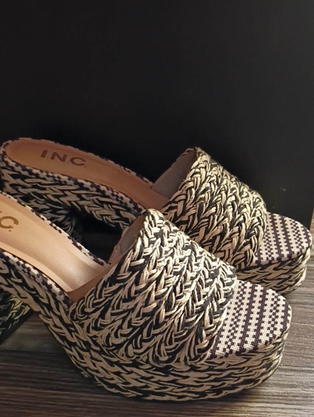 INC International Concepts Black and Beige Woven Platform Slide Sandals